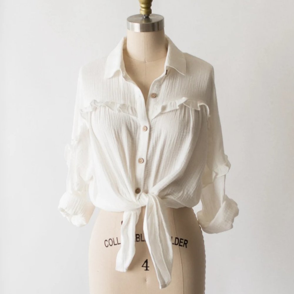 Women's White Button Down Shirt with Ruffle Detail - Picture 4 of 12